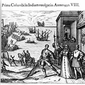 Christopher Columbus and the Pinzon brothers leaving the port of Palos in Spain