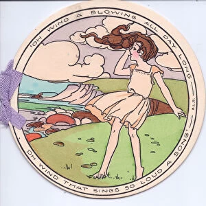 A circular die-cut Edwardian greeting Card of a girl in the wind on a cliff top