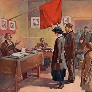 Civil marriage performed by a provincial commissar in Soviet Russia under the aegis of the Red Flag (colour litho)
