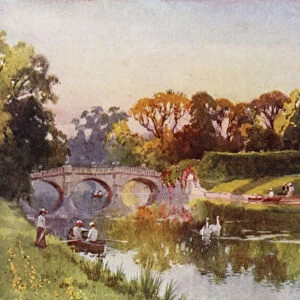 Clare College and Bridge from the Cam, Autumn Evening (colour litho)