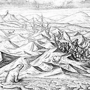Clearing a path for an ice bound ship, illustration from The Three voyages of