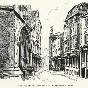 Cloth Fair and the Entrance to St Bartholomews Church (litho)