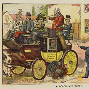 A Coach and Three: satire depicting Otto von Bismarck as a prisoner in a carriage driven by Germany, Austria and Italy (coloured engraving)