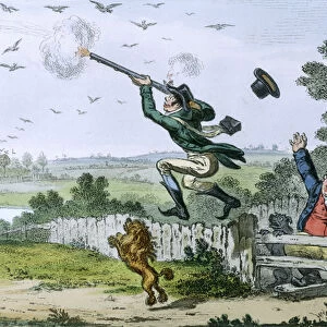 Cockney Sportsmen: Shooting Flying, engraved by James Gillray (1757-1815) 1800 (hand-coloured