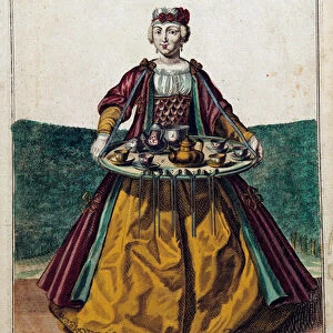 A coffee maker: a young woman carrying a tray charged with a coffee service