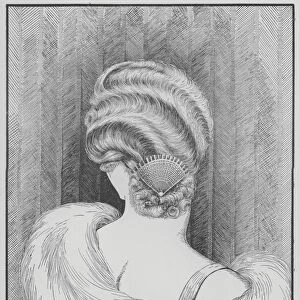 Coiffure with slanting waves and low-neck dressing (litho)