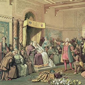 Columbus at the Royal Court of Spain in Barcelona (colour litho)