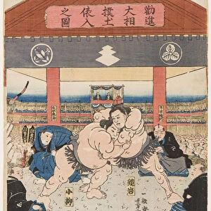 Combat de sumo entre Koyonagi et Kaganiiva. Estampe de Utagawa Yoshimune (1817-1880), vers 1850 - Wrestling match Koyonagi vs Kaganiiva, by Yoshimune, Utagawa (1817-1880). Colour woodcut, 1850s. Dimension : 37, 5x25, 5 cm. Private Collection