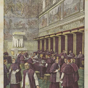 The Conclave in the Sistine Chapel for the Election of the New Pontiff (colour litho)