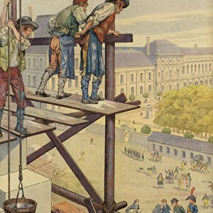 Construction workers look down from the scaffolding on the Place des Pyramides (colour litho)