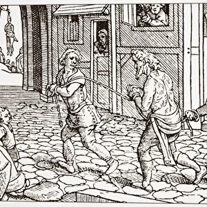 Contemporary woodcut showing a vagrant being whipped through the streets of a town