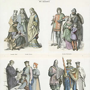 Costumes of the 13th Century (coloured engraving)