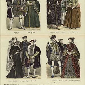 Costumes of English and Scottish royalty and nobility, 16th Century (coloured engraving)