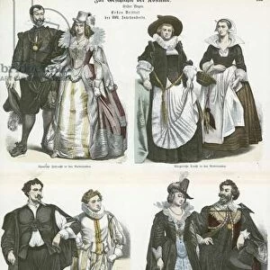 Costumes of the Netherlands, early 17th Century (coloured engraving)