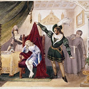 The Count made advances to Suzanne while Cherubin was concealed on the chair, from The Wedding of Figaro by Mozart (engraving)