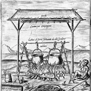Country kitchen: cauldrons and pots are placed on fire. Engraving from "Opera"