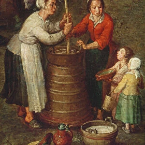 Country Life, detail of peasants churning milk (oil on canvas)