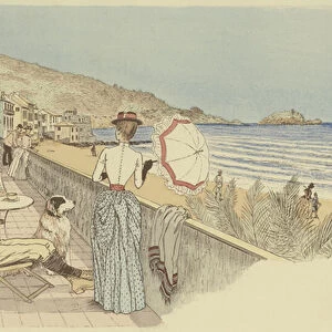A couple on their honeymoon relaxing by the sea on the island of Gallinara, Italy. (colour litho)
