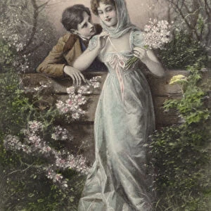 Couple leaning on a fence (colour litho)