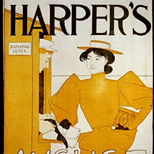 Cover of Harpers for August 1895. a woman at a bathing suit stand (lithograph)