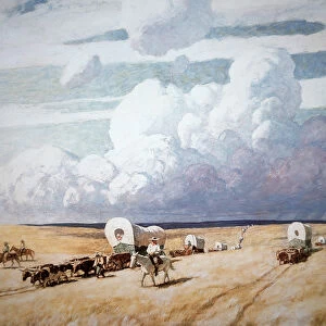 Covered wagons heading west (oil on canvas)