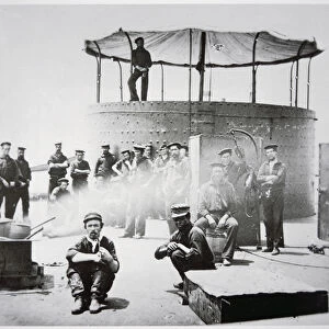 Crew of the USS Monitor cooking on deck on the James River, Virginia
