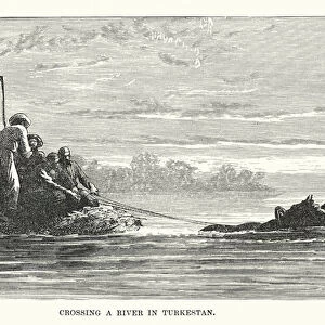 Crossing a river in Turkestan (engraving)