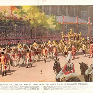 Our Crowned and Consecrated King and Queen in the State Coach During the Coronation Procession on 12th May 1937, from The Sketch, 19th May 1937 (colour litho)