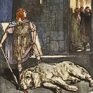 Cuchalain slays the Hound of Culain, illustration from Cuchulain, The Hound of Ulster, by Eleanor Hull (1860-1935), 1904 (colour litho)
