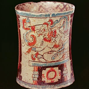 Cylindrical vessel depicting a deity with speech curls (earthenware)