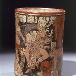 Cylindrical vessel with sacrificial scene, c. 600-850 AD (ceramic and pigments)