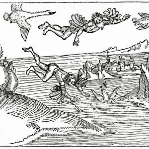 Daedalus, escaping from Crete with his son, Icarus, sees him falling to his death