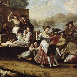 Dance scene and popular party in Naples Dancers of tarantella (tarantella, tarantella)