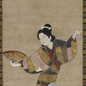 Dancer with Fan, c. 1640-50 (ink, colour, gold, & shell white on paper)