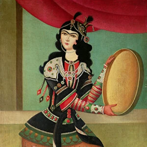 A Dancing Girl with a Tambourine, Qajar school (oil on canvas)