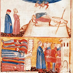 Dante and Virgil meet the souls of violently dead people. Illuminated page illustrating a song of the Antipurgatory from the "Divina Commedia"by Dante Alighieri (1265-1321). 14th century, Venice, Biblioteca Marciana