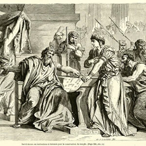David donne ses instructions a Salomon pour la construction du temple (engraving)