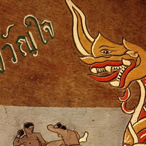 Decoration on an ox cart depicting Muay Thai (paint on wood)