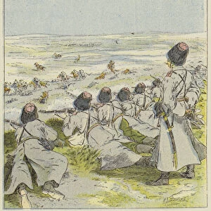 Defense de la route de Kasan par les cosaques (colour litho)