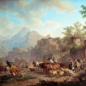 Depart of the herds for the mountain Debut of transhumances. Painting by Pierre Louis Larive (de la Rive) Godefroy (1735-1817) 1813 Geneve, Museum of Art and History