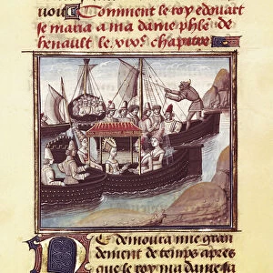 Departure of the Queen of England Philippa of Hainault (1314-1369) to mark King Edward III of England, from "The Chronicles", 14th century (miniature)