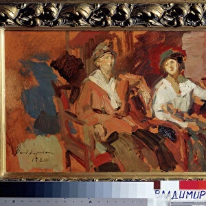 Deux sur les chaises en osier. (Two on the Wicker Chairs). Deux jeunes femmes coiffees de chapeaux, assises cote a cote. Peinture de Konstantin Alexeyevich Korovin (Constantin Korovine) (1861-1939), huile sur toile, 1921