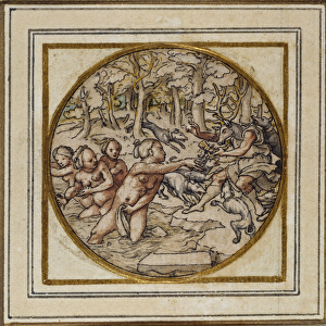 Diana and Actaeon - Design for a pendant or hat badge, c. 1532-43 (pen & ink on paper)