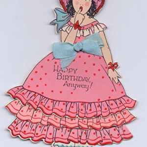 A die-cut Birthday Card in the shape of a girl in a frilly dress with an apologic
