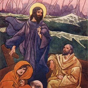 At this the disciples crouched in the bottom of the boat (colour litho)