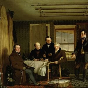 Discussing a Catch of Salmon in a Scottish Fishing-Lodge, c. 1840 (oil on canvas)