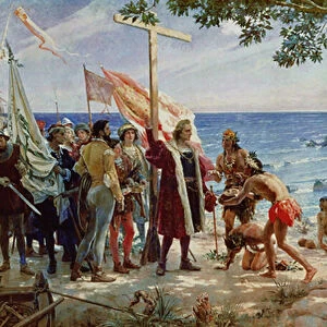 The disembarkation of Christopher Colombus on the Island of Guanahani in 1492, c