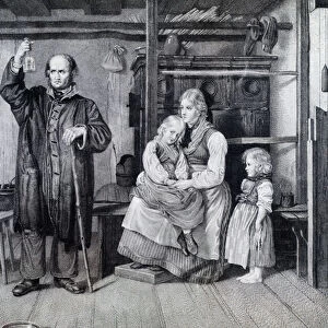 A doctor examining a bottle, probably a urine vial, during a visit to a mother