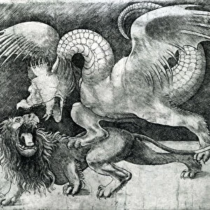 Dragon Fighting a Lion (engraving) (b / w photo)