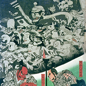 The Earth Spider making magic in the palace of Raiko (woodblock print)
